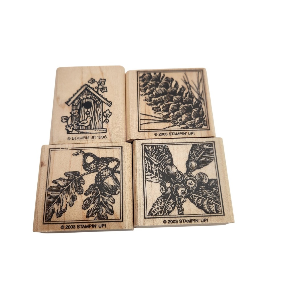 Vtg STAMPIN' UP! Wood Rubber Stamps 4pc Lot Nature Fall Pinecone Birdhouse Set